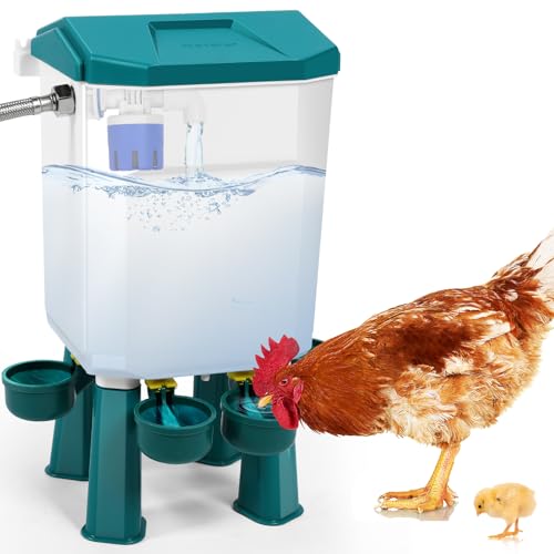 Futterautomat Hühner Automatische Hühnertränke 7L – Schwimmerventilsystem mit Edelstahlschlauch & Wasserhahnverbinder (3/4"), Geflügeltränke für Enten, Wachteln, Truthähne und Küken von EOJDDPA