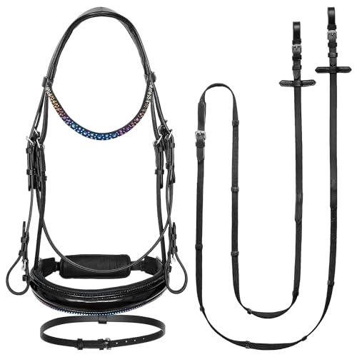 EQUESTRIAN QUEEN Ledertrense mit Kristallen - Anatomisch gepolstert - Komplettes Set inkl. Zügeln - Elegantes Stirnband & Komfort für Pferd (Schwarz/Mehrfarbig, Pony) von EQUESTRIAN QUEEN