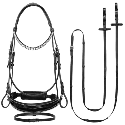 EQUESTRIAN QUEEN Ledertrense mit Kristallen - Anatomisch gepolstert - Komplettes Set inkl. Zügeln - Elegantes Stirnband & Komfort für Pferd (Schwarz/Silber, Cob (Vollblut)) von EQUESTRIAN QUEEN