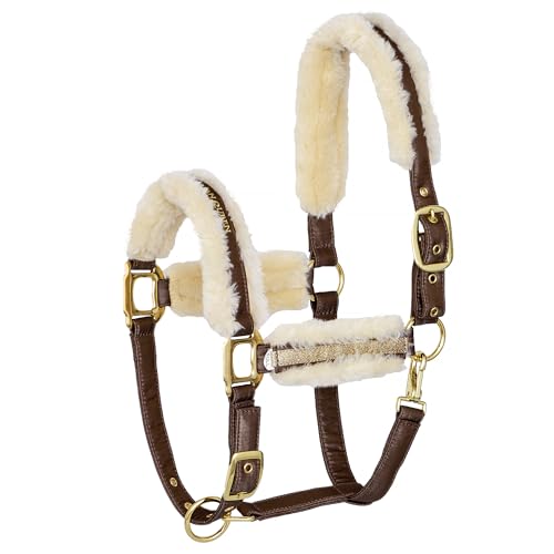 EQUESTRIAN QUEEN Verstellbares Pferdehalfter mit weichem Fellpolster, Karabinerhaken, ideal für Stall & Weide, Größen: Pony, Cob, Warmblut - Riga 24AW (Braun, Cob (Vollblut)) von EQUESTRIAN QUEEN
