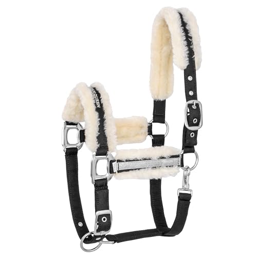 EQUESTRIAN QUEEN Verstellbares Pferdehalfter mit weichem Fellpolster, Karabinerhaken, ideal für Stall & Weide, Größen: Pony, Cob, Warmblut - Riga 24AW (Schwarz, Pony) von EQUESTRIAN QUEEN