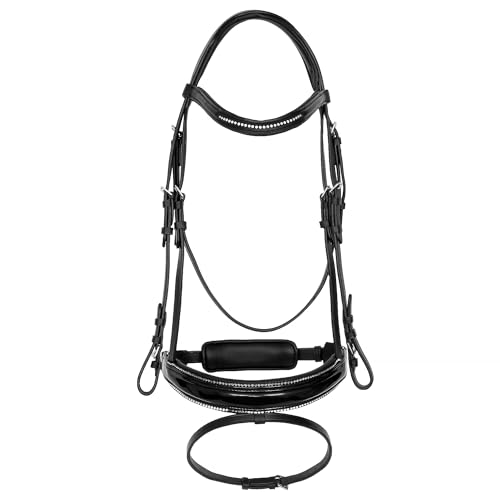 START ENJOY THE RIDE Equestrian Queen Trensenzaum anatomisch – Lackleder Strass Reitzaum mit weich gepolstertem Nasenriemen – Leder Zaumzeug für Warmblut – Elegantes Design - Orion (Schwarz, Pony) von EQUESTRIAN QUEEN