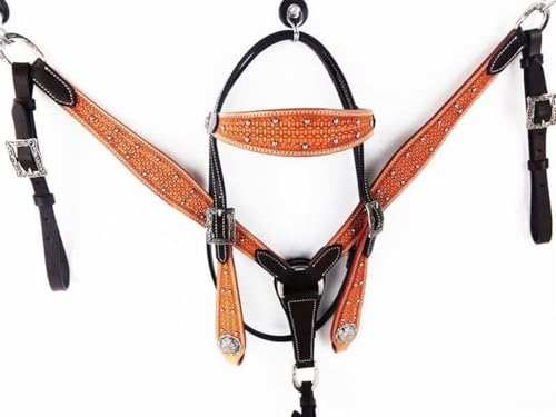 EQUIEMPRESS Western-Leder-Set mit handgefertigtem Kopfstück und Vorderzeug mit Zügeln. /Size-Full,Cob,Pony AZ-24 (Full) von EQUIEMPRESS