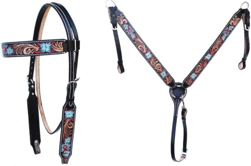 EQUIEMPRESS Western-Leder-Set mit handgefertigtem Kopfstück und Vorderzeug mit Zügeln. /Size-Full,Cob,Pony AZ-36 (Pony) von EQUIEMPRESS