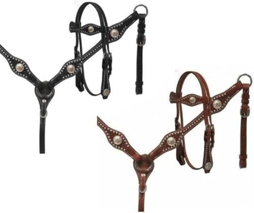 EQUIGEAR Western-Leder-Set mit handgefertigtem Kopfstück und Vorderzeug mit Zügeln. /Size-Full,Cob,Pony AO-0071 (Full, Brown) von EQUIGEAR