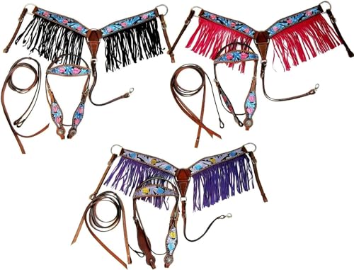 EQUIGEAR Western-Leder-Set mit handgefertigtem Kopfstück und Vorderzeug mit Zügeln. /Size-Full,Cob,Pony AO-0077 (Full, Black) von EQUIGEAR