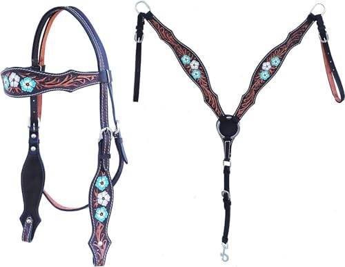 EQUIGEAR Western-Leder-Set mit handgefertigtem Kopfstück und Vorderzeug mit Zügeln. /Size-Full,Cob,Pony AO-0086 (Full) von EQUIGEAR