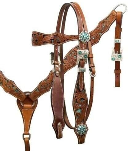EQUIGEAR Western-Leder-Set mit handgefertigtem Kopfstück und Vorderzeug mit Zügeln. /Size-Full,Cob,Pony AV-03 (Full) von EQUIGEAR