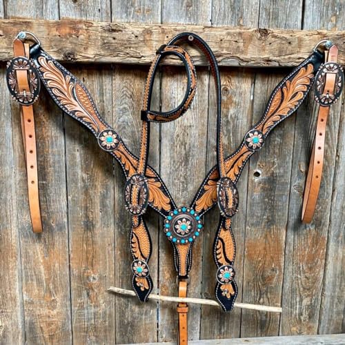 EQUIGEAR Western-Leder-Set mit handgefertigtem Kopfstück und Vorderzeug mit Zügeln. /Size-Full,Cob,Pony AV-040 (Full) von EQUIGEAR