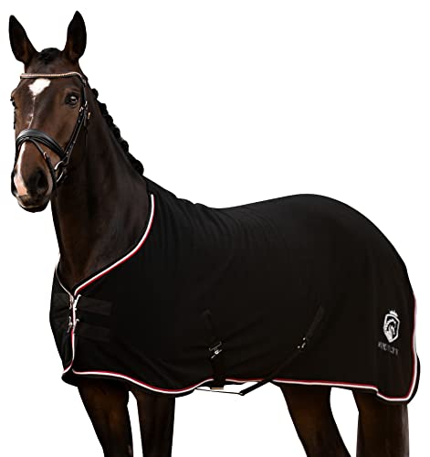 EQUILYX® Abschwitzdecke Pferd mit Kreuzgurten [perfekte Passform] Fleecedecke Stalldecke Transportdecke wärmend feuchtigkeitsabsorbierend atmungsaktiv (Schwarz, 145cm) von EQUILYX