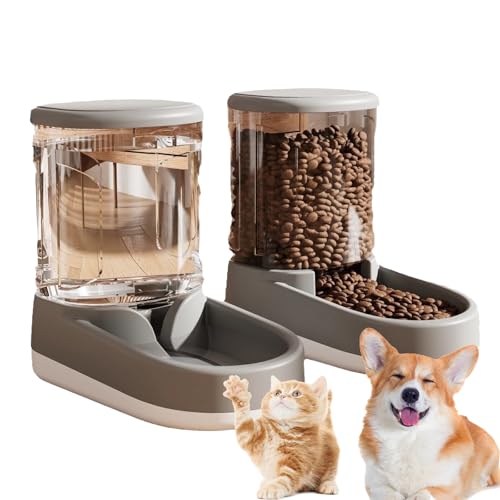 2 Stück Automatischer Futterspender Set, 3.8L Automatisches Futter und Wasserspender für Hunde, Futterspender und Wasserspender für Kleine, Mittelgroße und Große Haustiere (Gray) von ERFGT