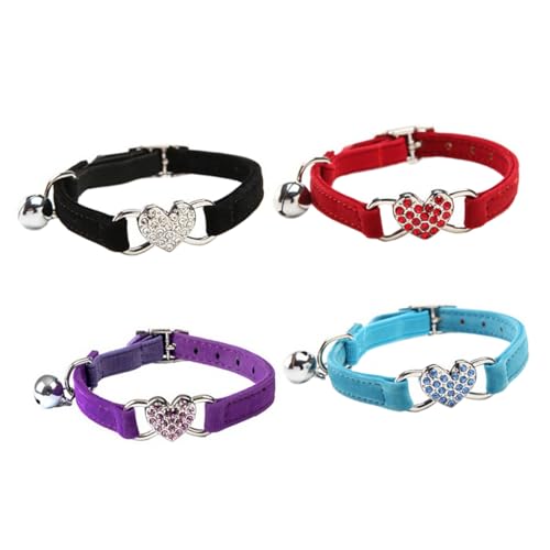 ERINGOGO 4 Stück Liebe Katzenkragen Katze einstellbar Haustier Schild Kleiner Kragen-Bling Strasssteine Glocken Katzenhalsbänder für Katzenbedarf Polyester Zufällige Farbe von ERINGOGO