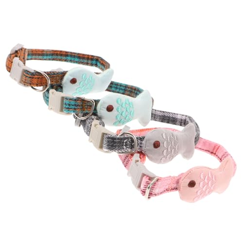 ERINGOGO 4 Stück Teiliges Katzenhalsband Set mit Fischform und Karomuster Verstellbares Halsband für Haustiere Gemischten Farben für Süße Katzenoutfits und Praktische Nutzung von ERINGOGO