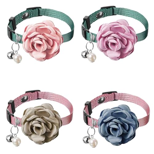 ERINGOGO 4Stücke Katzenkragen Mit Blumenanhänger Und Glöckchen Handgefertigter Einstellbarer Rosé Und S von ERINGOGO