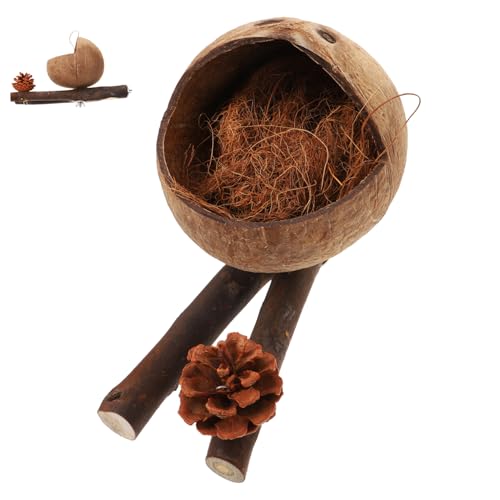 ERINGOGO Parakeet Perch Mit Kokosnussschalen-Nest Holzsitzstange Für Vögel Vielseitiges Vogelnest Und Spielzeug Für Papageien Und Wellensittiche Für Käfige Und Heimdeko von ERINGOGO