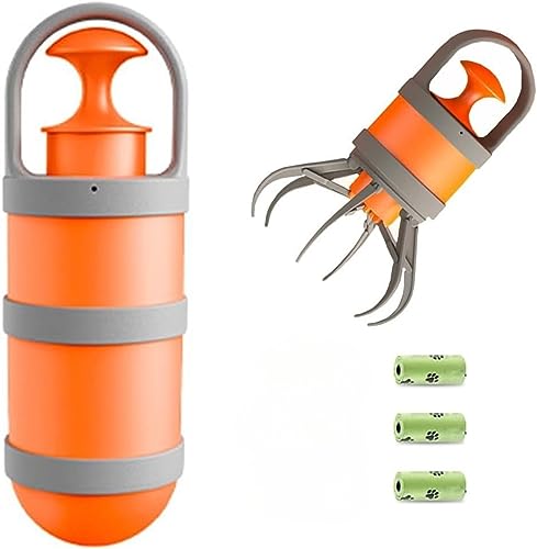ERKIES Hund Pooper Scooper, Tragbare Hundekotgreifer, Handheld Größe Kapsel Förmigen Hund Poop Scooper mit 3 Rolle Abfallsäcke, für Gras/Schmutz/Rasen Abfälle Pick-up (Orange) von ERKIES