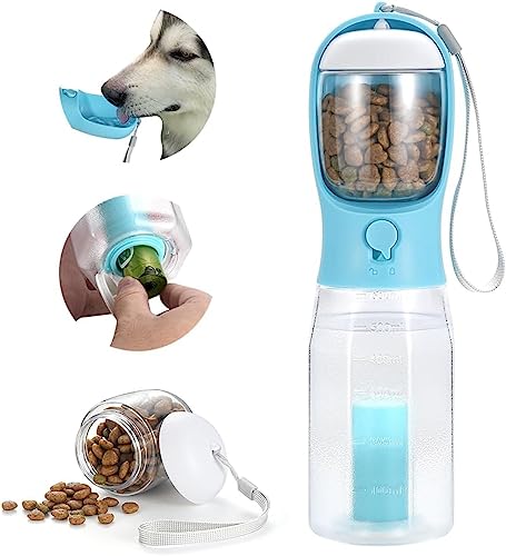 ERKIES Hundewasserflasche, Multifunktionale tragbare Hundewasserflasche, mit 100g Hundefutterbecher und Kotbeutel, für Haustiere beim Wandern (300ml, Blau) von ERKIES