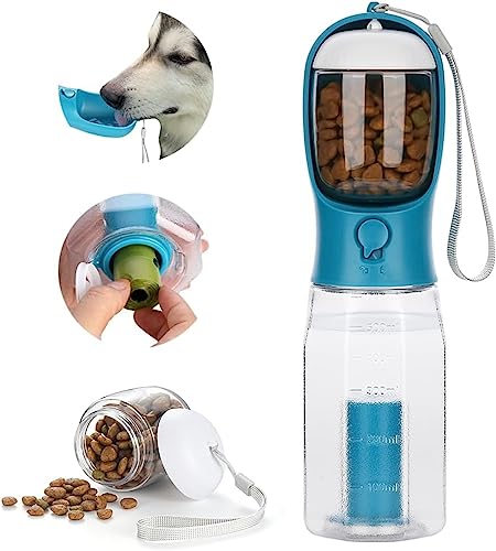 ERKIES Hundewasserflasche, Multifunktionale tragbare Hundewasserflasche, mit 100g Hundefutterbecher und Kotbeutel, für Haustiere beim Wandern (300ml, Dunkelblau) von ERKIES