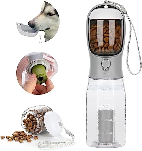 ERKIES Hundewasserflasche, Multifunktionale tragbare Hundewasserflasche, mit 100g Hundefutterbecher und Kotbeutel, für Haustiere beim Wandern (300ml, Grau) von ERKIES