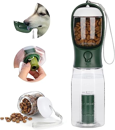 ERKIES Hundewasserflasche, Multifunktionale tragbare Hundewasserflasche, mit 100g Hundefutterbecher und Kotbeutel, für Haustiere beim Wandern (300ml, Grün) von ERKIES