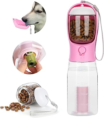 ERKIES Hundewasserflasche, Multifunktionale tragbare Hundewasserflasche, mit 100g Hundefutterbecher und Kotbeutel, für Haustiere beim Wandern (600ml, Rosa) von ERKIES