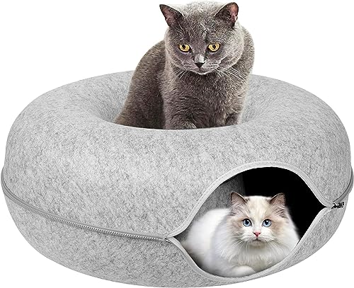 Katzentunnelbett, Donut-Katzenbett,Betten für Indoor-Katzen, Filzmaterial, einfache Reißverschluss-Montage, Mehrzweck-Katzentunnelbett (Grau, L(24x24x11in)) von ERKIES
