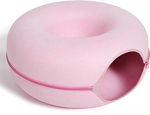 Katzentunnelbett, Donut-Katzenbett,Betten für Indoor-Katzen, Filzmaterial, einfache Reißverschluss-Montage, Mehrzweck-Katzentunnelbett (Rosa, L(24x24x11in)) von ERKIES