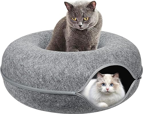 Katzentunnelbett, Donut-Katzenbett,Betten für Indoor-Katzen, Filzmaterial, einfache Reißverschluss-Montage, Mehrzweck-Katzentunnelbett (Schwarz, M(20x20x9in)) von ERKIES