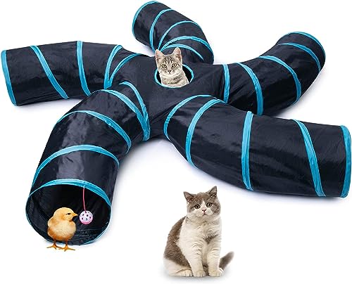 katzentunnel, Katzentunnel im Innenbereich, 5-Wege faltbar, S-Form mit Spielball, waschbarer Katzenspieltunnel,für Katzen Kätzchen Welpen Kaninchen (Blau & Schwarz) von ERKIES