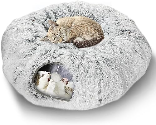 katzentunnel Bett, zusammenklappbare Katze Donut Tunnel mit zentralen Matte,Katze Höhle Rohr mit hängenden Ball, für Katze Kätzchen Kaninchen Welpen Frettchen (Grau) von ERKIES