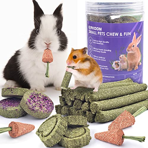 ERKOON 24 Stück 250g Kaninchen Spielzeug, Timothy Heu Sticks Karotten Rosengraskuchen Zahnpflege Molar, Chinchillas Spielzeug Kauspielzeug für Kaninchen, Meerschweinchen, Hamster, Chinchilla von ERKOON