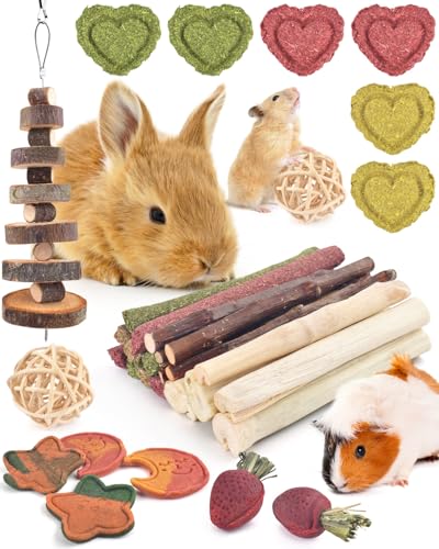 ERKOON 34 Stück Kaninchen Spielzeug Beschäftigung, Kauspielzeug Hasen, Kaninchen Zubehoer mit Natürliche Timothy Heu Sticks, Nagerspielzeuge Molar Zahnpflege für Chinchilla Hamster ﻿ von ERKOON