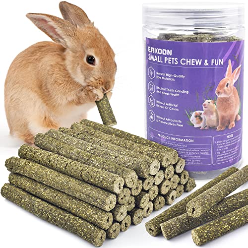 ERKOON 38 Stück Timothy Heu Sticks, Kaninchen Kauspielzeug Spielzeug Meerschweinchen Futter Hamster Kausnacks für Zähne für Kaninchen, Meerschweinchen, Hamster, Chinchilla, Rüben Häschen Leckerli von ERKOON