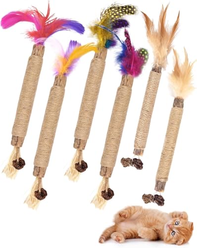ERKOON Katzenminze Sticks, 6 Stück Silvervine Stick Matatabi Stick Katze Kausticks für Katzen Zahnpflege Spielzeug, Dental Kau-Sticks helfen bei Zahnstein & Mundgeruch Gesund Hygiene Zahnpflege von ERKOON