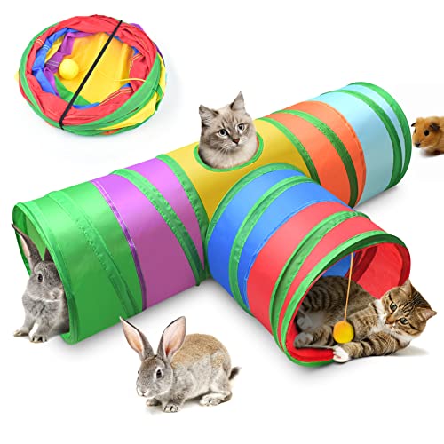 ERKOON 3-Wege-Katzentunnel, Katzenspielzeug, Kaninchen-Tunnel, 25 cm, bunt, zusammenklappbar, mit lustigem Katzen-Pompon-Labyrinth-Haus für Katze, Kaninchen, Kätzchen, Welpen usw. Kleintiere von ERKOON