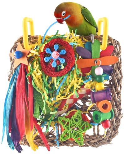 ERKOON Papageien-Spielzeug, Nymphensittich-Spielzeug, Futterspielzeug, hängendes Vogelspielzeug für Sittiche, Sittiche, Vogelfutterwand mit buntem Spielzeug für Vögel, zum Zerkleinern von Seegras, von ERKOON