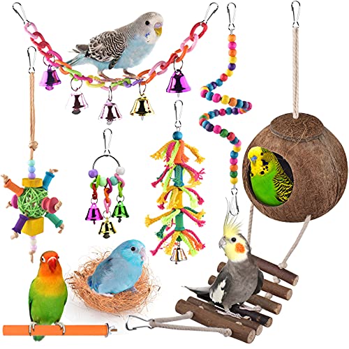 ERKOON Vogelspielzeug für Papageien, Hängende Glocke, Haustier-Vogelkäfig-Hängematte, Schaukelspielzeug aus Holz, Sitzstange und Spiegel, Kauspielzeug für kleine Papageien von ERKOON