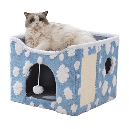 ERNAN Katzenbetten, Katzenbett für Indoor-Katzen, faltbares Katzenhaus, großes weiches Höhlenbett mit Kratzbrett für kleine, mittelgroße Haustiere (Blau, S) von ERNAN