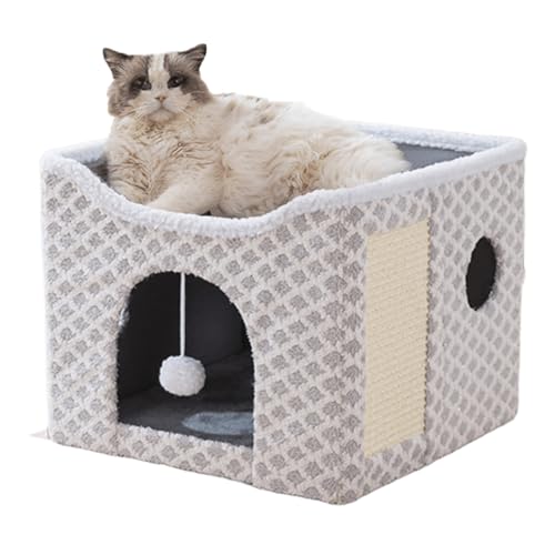 ERNAN Katzenbetten, Katzenbett für Indoor-Katzen, faltbares Katzenhaus, großes weiches Höhlenbett mit Kratzbrett für kleine, mittelgroße Haustiere (weiß, S) von ERNAN