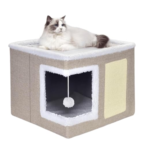 ERNAN Katzenhöhle,Katzenbetten,Katzenhaus, Faltbare Katzenbetthöhle mit Kratzbrett und Spielball, Faltbare Katzenbetthöhle zum Schlafen, Verstecken, Spielen & Kratzen von ERNAN