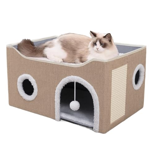 ERNAN Katzenhöhle,Katzenbetten,Katzenhaus, Faltbare Katzenbetthöhle mit Kratzbrett und Spielball, Faltbare Katzenbetthöhle zum Schlafen, Verstecken, Spielen & Kratzen (Kaki, Medium) von ERNAN