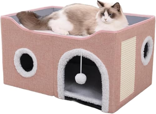 ERNAN Katzenhöhle,Katzenbetten,Katzenhaus, Faltbare Katzenbetthöhle mit Kratzbrett und Spielball, Faltbare Katzenbetthöhle zum Schlafen, Verstecken, Spielen & Kratzen (Pink, Medium) von ERNAN