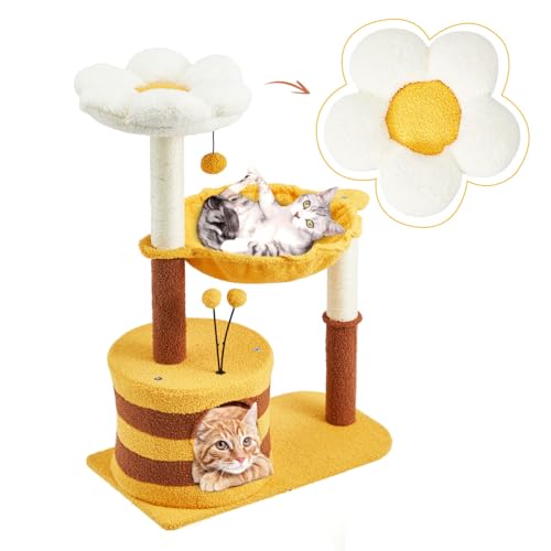 EROMMY Kratzbaum 90cm Blume-Biene Katzenbaum,mit 1 Plüschball und 2 Plüsch-Federbälle Katzenspielzeug,Katzenkratzbaum 2 Kratzsäule aus Sisal,Katzenhaus und Hängematte,Gelb EROMMY Kratzbaum 90cm Blume-Biene Katzenbaum,mit 1 Plüschball und 2 Plüsch-Federbälle Katzenspielzeug,Katzenkratzbaum 2 Kratzsäule aus Sisal,Katzenhaus und Hängematte,Gelb von EROMMY