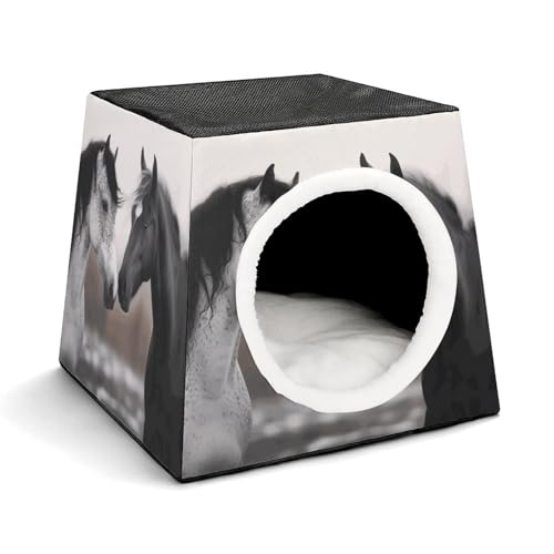 Schwarze und weiße Pferde, Haustierhütte, bequemes Nest für Haustiere, Weltraumkapsel, warm, weich, für den Innenbereich, Haustierhaus für Innenkatzen, kleine Hunde und mittelgroße Tiere von ERSTSNCK