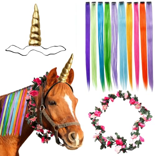 ERYIRANL 12 Stück Pferde-Kostüm-Zubehör, Spiralhorn, Rose, Blume, Ranke, Mähne und Schwanz, Clip-in-Haarverlängerung, glitzerndes Pony-Kostüm, für echtes Pferd, Halloween-Party, Dekoration von ERYIRANL
