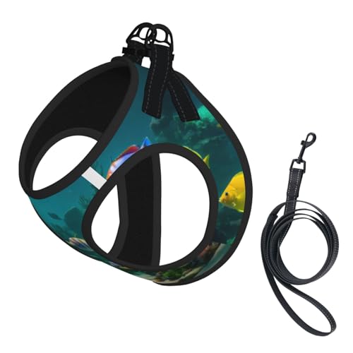 Geschirr-Set für Katzen und Hunde, niedliches blaues Fischmuster, reflektierend, verstellbar, ausbruchsicher, mit weichem, atmungsaktivem Netzgewebe, für kleine Haustiere und Kätzchen, Welpen von ERhoug