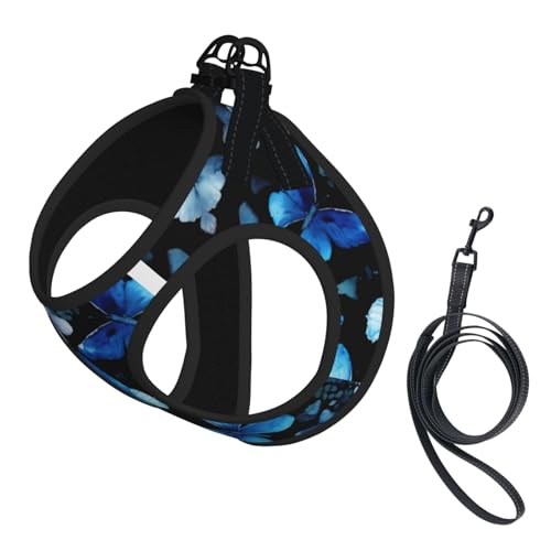 Geschirr-Set für Katzen und Hunde, reflektierend, verstellbar, ausbruchsicher, mit weichem, atmungsaktivem Netzstoff, für kleine Haustiere und Kätzchen, Welpen, Blau mit Schmetterlingen und weißen von ERhoug