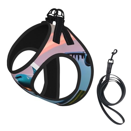 Hundegeschirr mit Flugzeug in der Abendlichter, bedruckt, für Katzen und Hunde, reflektierend, verstellbar, ausbruchsicher, mit weichem, atmungsaktivem Netzgewebe, für kleine Haustiere und Kätzchen von ERhoug
