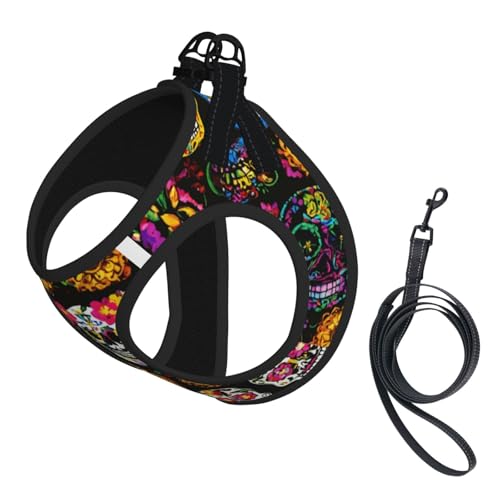 Hundegeschirr mit Rosen-Totenkopf-Druck, reflektierend, verstellbar, ausbruchsicher, mit weichem, atmungsaktivem Netzgewebe, für kleine Haustiere und Kätzchen, Welpen von ERhoug