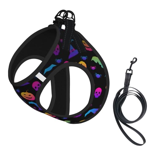 Regenbogen-Halloween-Geister-Hexenhut, Spinnen-Druck, Geschirr-Set für Katze und Hund, reflektierend, verstellbar, ausbruchsicher, mit weichem, atmungsaktivem Netz, für kleine Haustiere und Kätzchen von ERhoug
